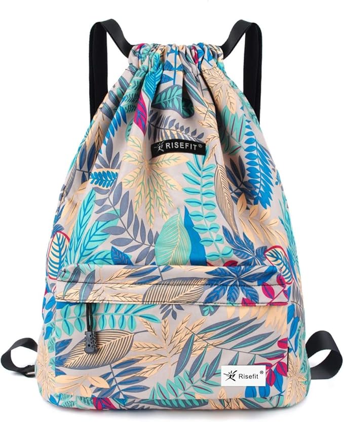 Drawstring Backpack with Mesh Pockets String Gym Bag Sackpack Sandproof Water Resistant Beach Backpack for Men Women