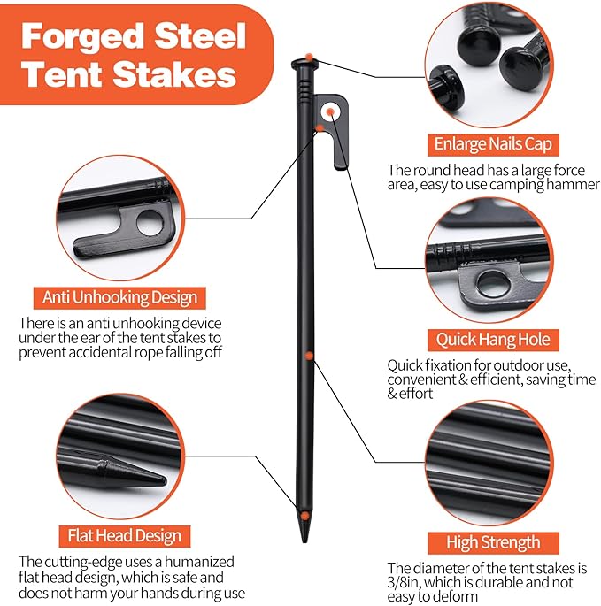 8pcs Tent Stakes and Hammer Set, 16in Heavy Duty Forged Steel Tent Stakes + Camping Hammer + Storage Pouch, Available in Rocky Place (8pcs 16in Stake+Hammer)
