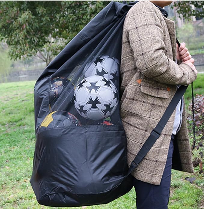 Greenery-GRE Extra Large Mesh Equipment Bag Adjustable Strap Drawstring Heavy Duty Hold 15 Soccer Balls Netball Basketball Football Bags Sports Duffel