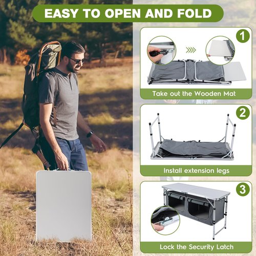 Pnbfhn Outdoor Folding Camping Table with Storage Organizer, Portable Aluminum Composite Panel Lightweight Table, 3 Adjustable Height, for Indoor, BBQ, Party, Picnic, Hiking, Beach