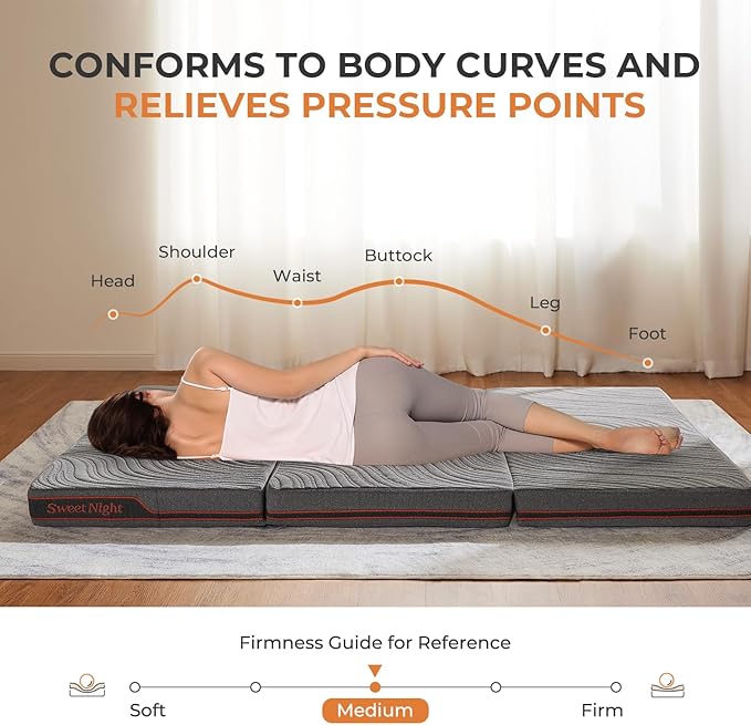 Sweetnight 4 Inch Folding Mattress - Single Size Trifold Mattress Grey with Breathable Cover & Non-Slip Bottom| Portable Floor Mattress for Camping,Travel,RV,Guest Room