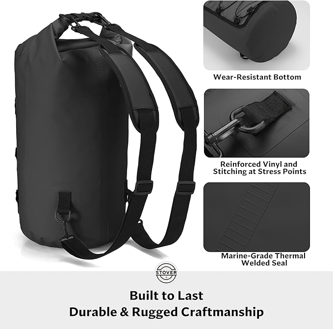 STOVER 5/10/25/30/40/55L Waterproof Dry Backpack & Phone Case- Medium Floating Dry Bag for Kayaking, Travel, Hiking, Fishing, Camping, Motorcycles & Beach, Heavy-Duty Roll Top Men/Women (Black)