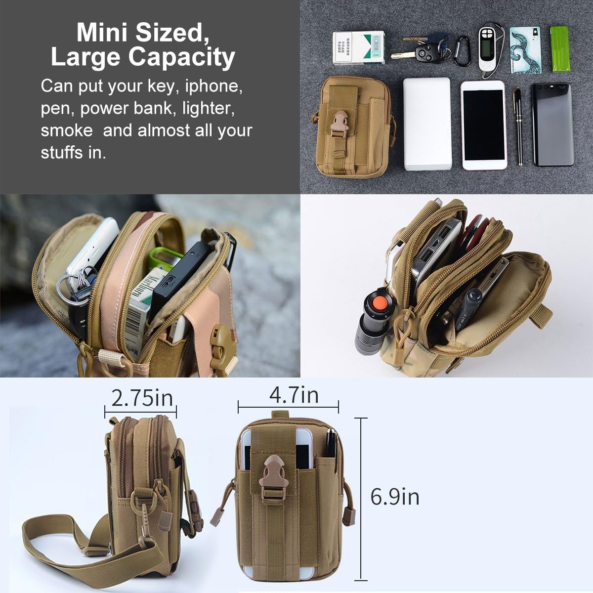 ofone Small Tactical Molle Pouch, Military Waist Pouch EDC with Smartphone Holster Holder Utility Gadget Belt Bag for Outdoor