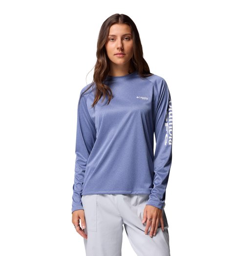 Columbia Womens PFG Tidal Tee II Long Sleeve Sun Protection Shirt, Bluebell Heather/White Logo, XX-Large