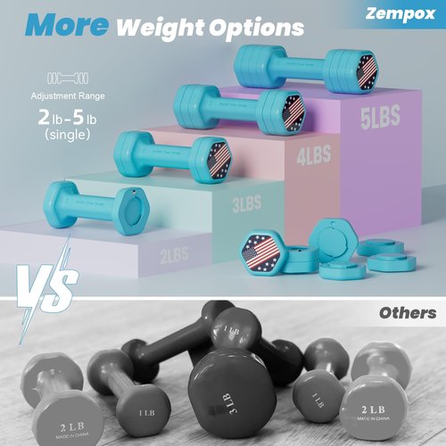 Zempox Adjustable Dumbbell Set of 2, 4 in 1 Hand Weights for Women at Home, 5 lb Weights Dumbbells set of 2, Each 2lb 3lb 4lb 5lb with TPU Soft Rubber Handle for Home Gym Exercise Training, Blue