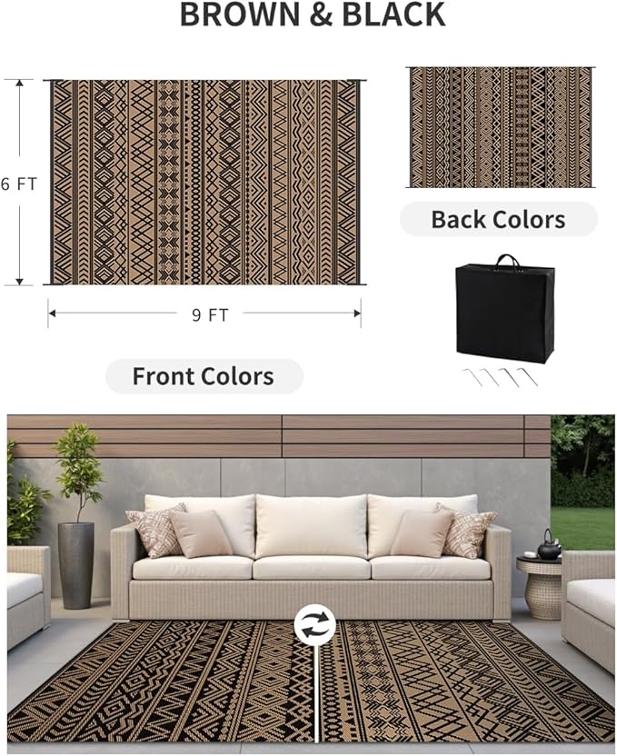 MontVoo Outdoor Rug Carpet Waterproof 6x9 Outdoor Patio Rug Mat Reverisble Plastic Straw Outdoor Rug for RV Camping Picnic Beach Balcony Boho Black Brown