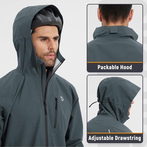 baleaf Men's Rain Jacket Waterproof Running Cycling Windbreaker Golf Hiking Gear Hood Raincoat Packable Reflective Grey M