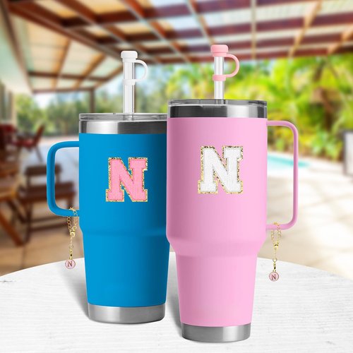 BABORUI 6Pcs Cup Accessories for Stanley Cup, Straw Cover Cap for Stanley Water Bottles 20 30 40oz, Initial Charm, Letter Cup Stickers for Stanley(N)