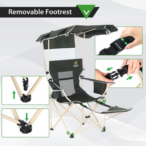 Nice C Chair with Canopy, Umbrella Chairs, Chair with Shades, Sports Chairs, w/Removable Footrest, Cooler Bag, Cup Holder for Camping, Fishing, Sports, Beach (2-P Green)