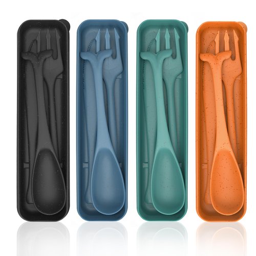 Reusable Camping Utensil Set, 4 Pack Fish Shaped Travel Utensils With Case, Plastic Reusable Silverware Travel Cutlery Set for Picnic Outdoor Use(4 colors, Dark)