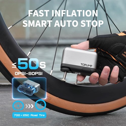 TOPUMP Tiny Pump Mini Bike Tire Pump with Gauge, 120PSI Portable Electric Bicycle Air Pump, Auto Stop, Type-C Rechargeable Battery with Presta and Schrader Valve