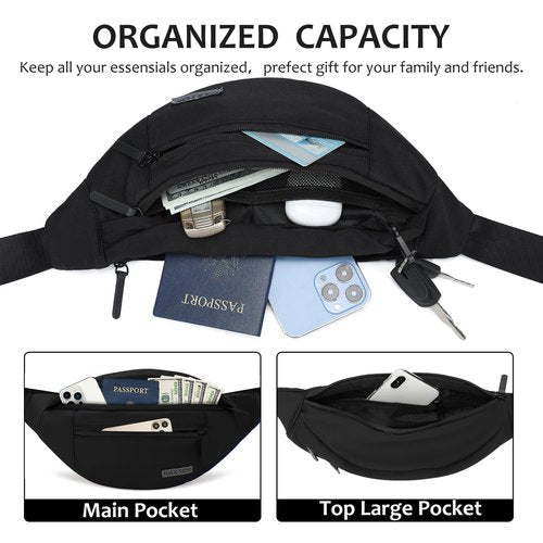 MAXTOP Large Crossbody Fanny Pack Waist Pack with 4-Zipper Pockets Hiking Travel Essentials for Women Men Belt Bag, for Hiking Running Travel Cycling,Black