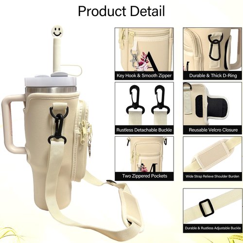 BERITNI Water Bottle Holder with Adjustable Strap Compatible for Stanley 40oz Tumbler with Handle, Initial M Water Bottle Carrier Bag with Phone Pocket for Stanley Cup Accessories