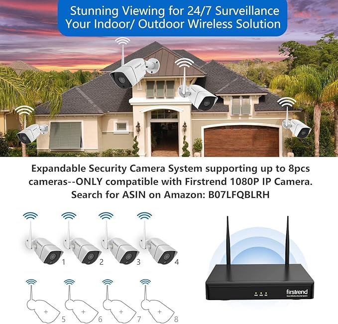 Security Camera System: firstrend Wireless Cameras for Home Security 1080P 8CH with 4 pcs 2MP Cam Full HD 1TB HDD 24/7 Recording Surveillance Night Vision Motion Alert APP CCTV