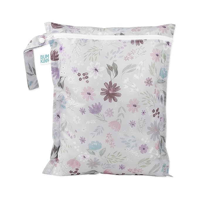 Bumkins Waterproof Wet Bag for Baby, Travel, Swim Suit, Cloth Diapers, Pump Parts, Pool, Beach, Gym Clothes, Toiletry, Hook to Stroller, Daycare, Zipper Reusable Wetdry Packing Pouch, Florals Gray
