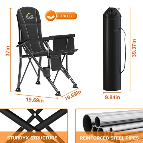 LVAOUO Heated Camping Chair with 20000mAh 12V Battery, 3 Heat Levels & 3-Zone Heating, Supports 600lbs - Portable Folding Chair for Camping, Fishing, Hiking, Lawn (Black)