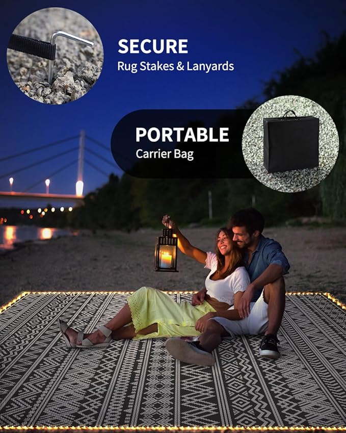 MontVoo-Outdoor Rug Carpet 9x12 ft for Patio RV Camping with Led Strip Lights Waterproof Plastic Straw Rug Reversible Portable Outside Indoor Outdoor Rug Mat for Patio Decor Balcony Picnic-Boho Rug