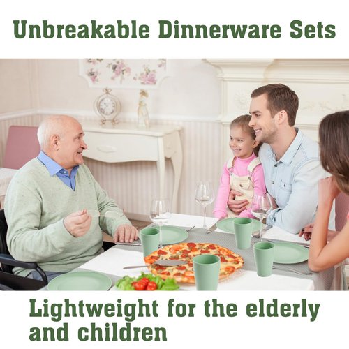 Gudvilla Camping Plates Cups and Bowls Set Green Reusable Microwave Safe Lightweight Unbreakable Plastic Dishes Set for Kids Elderly Kitchen Adults Outdoor,32 Pcs Holiday Dinnerware Sets for 8