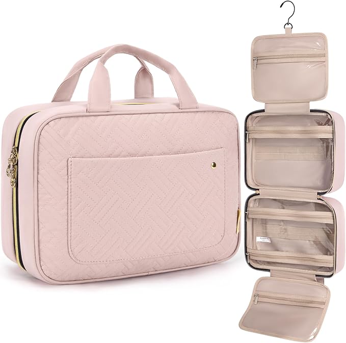 BAGSMART Toiletry Bag Travel Bag with Hanging Hook, Water-resistant Makeup Cosmetic Bag Travel Organizer for Accessories, Shampoo, Full-size Container, Toiletries (Light Pink, Medium)