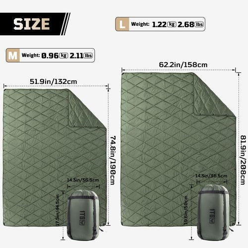 1TG Tactical Camping Blanket - Packable, Ultra Warm and Lightweight with Snap Button Backpacking Quilt Water-Resistant, for Sleeping, Outdoors, Travel - Large/Olive Green