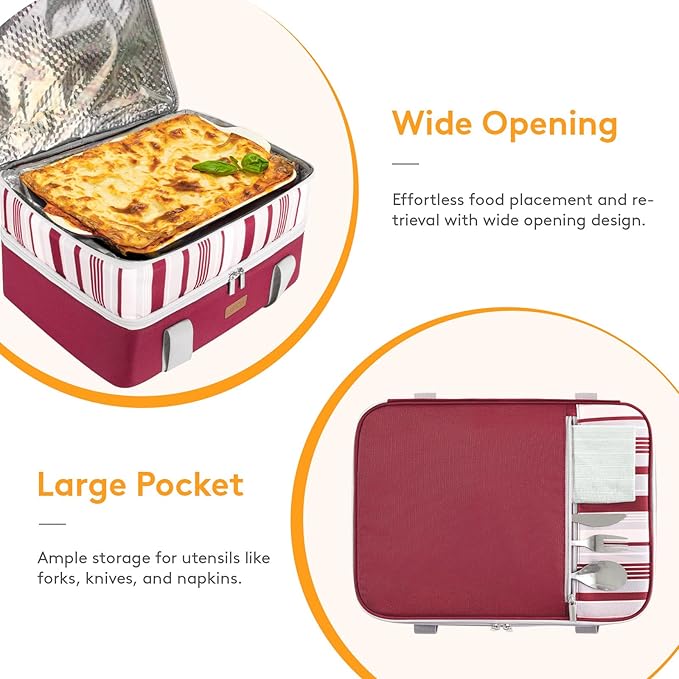 Double Decker Insulated Casserole Carrier for Hot or Cold Food, Lasagna Lugger Tote for Potluck Parties/Picnic/Cookouts, Fits 9"×13" Baking Dish, Red