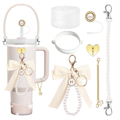 Yivioep Stanley Cup Accessories Bow Set, Including Silicone Straw Topper, Portable Handle Strap, Protective Boot, Bow Keychain, Butterfly Charms for 30 OZ and 40 OZ Stanley Tumblers