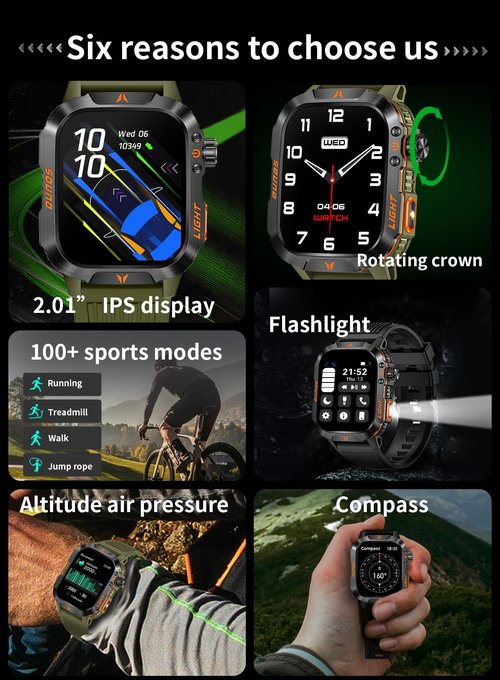 QTLLBT Smartwatch LED Flashlight Barometer Altimeter Compass 2.01HD Fitness Tracker Pedometer Multiple Watch Faces 100+ Sports Modes Sleep Heart Rate for Android iOS Men's Watch (Blue)