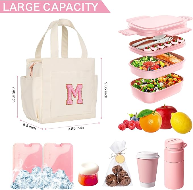 Joymee Leather Lunch Box Lunch Bag for Women Adult Insulated Reusable Leakproof Large Spacious Lunch Cooler Lunch Tote Bag with Bottle Holder and Side Pockets for Work Picnic Beach (Letter M)