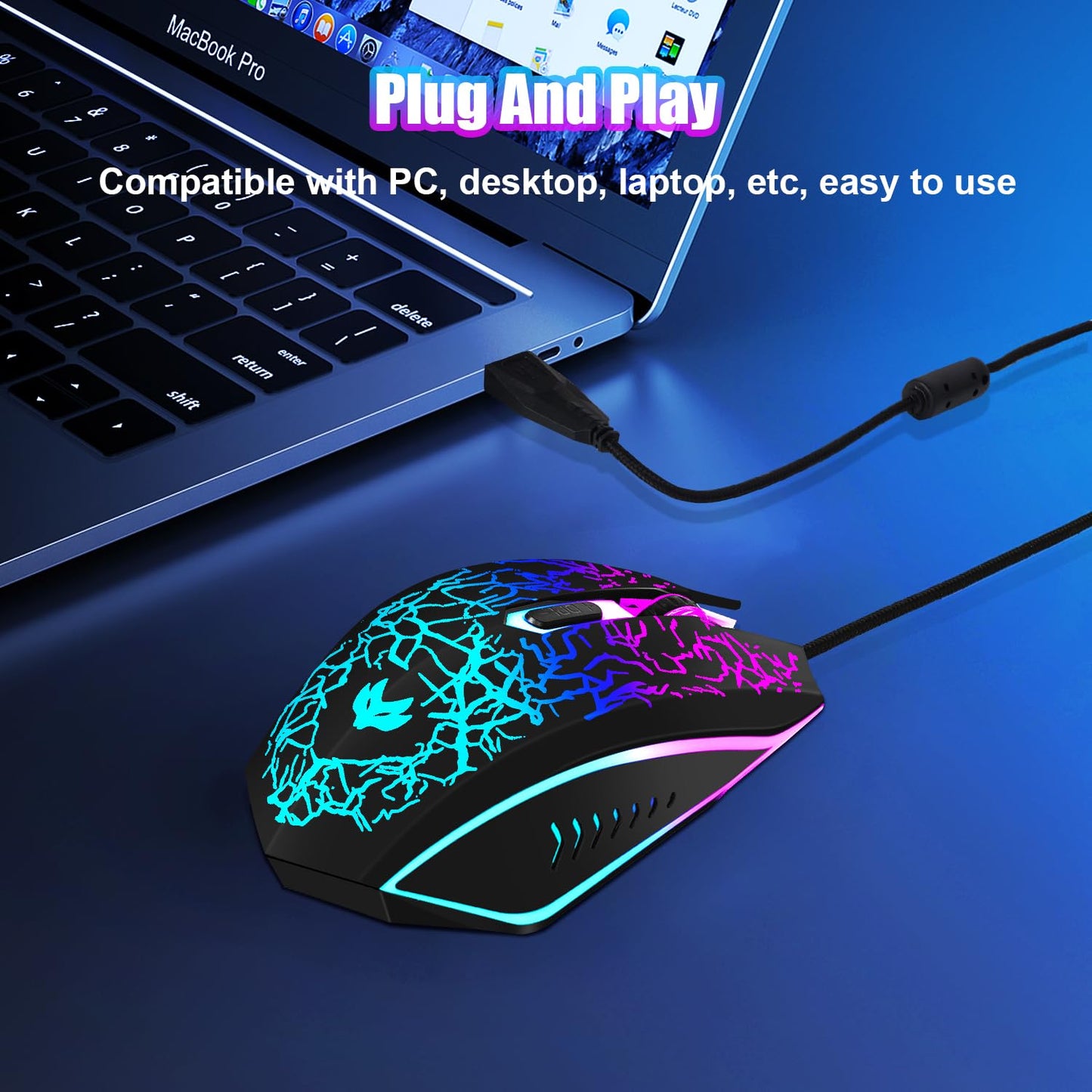 Wireless Gaming Mouse, Rechargeable Wireless Computer Mouse, 7-Color LED Light, Ergonomic Mouse with 6 Silent Click Buttons, 3 Adjustable 2400 DPI Wireless Mouse for Laptop,PC,Mac, Black