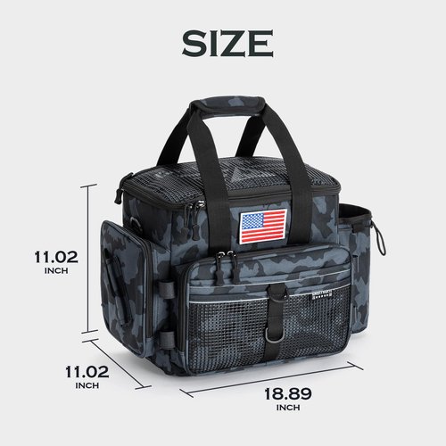 Ghosthorn Fishing Tackle Bag with Rod Holder Saltwater & Freshwater Resistant Tackle Box Bag - Adjustable Padded Shoulder Strap (Black Camouflage)