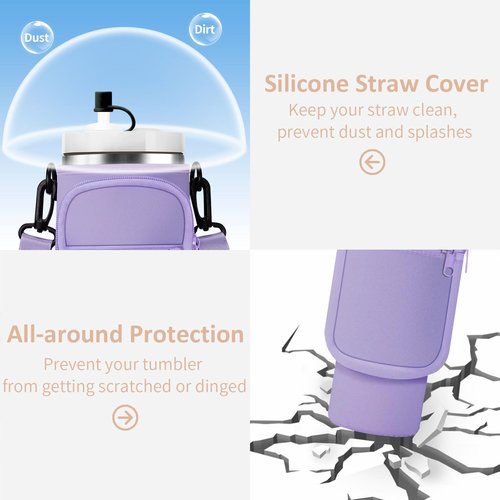 Water Bottle Holder Bag with Strap for Stanley 40 oz 30 oz Tumbler Insulated Cup Sleeve Sling with 2 Pockets & Straw Cap for Stanley Cup Accessories-Purple