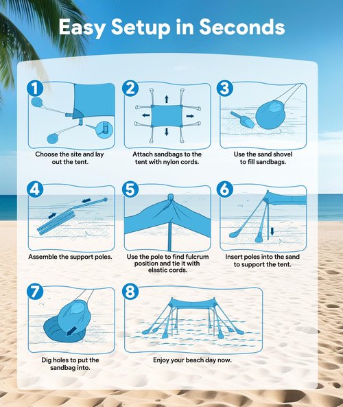 Raynesys Beach Tent Sun Shelter, 10 x 10 FT Beach Canopy Tent Sun Shade, UPF50+ Tents Canopy with 8 Sandbags & 4 Stability Poles, Outdoor Tents for Camping Fishing, Sky Blue