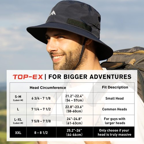 TOP-EX Waterproof Mens Bucket Sun Bucket Hat, Boonie Hiking Fishing Beach Safari Hats for Summer Rain Cap Shade Outdoor - UV Protection SPF Wide Brim Sunhat, Black XL/XXL