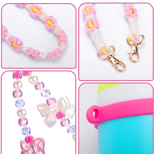 Mity rain Water Bottle Accessories Set for Owala, Including Water Bottle Handle Strap,Bohemian Style Personality and Easy to Carry (Universal Style, Pink)