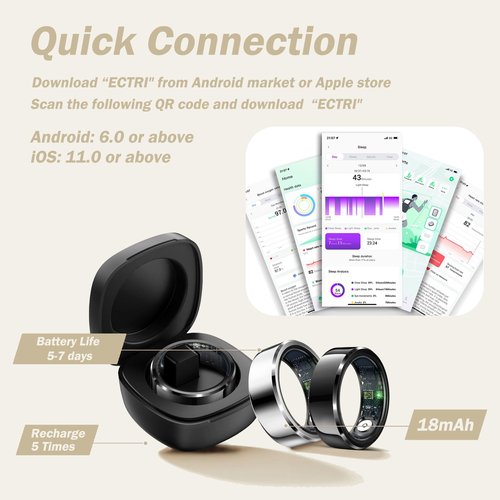 Smart Ring Health Rings Waterproof Heart Rate Monitor Step Calorie Counter Pedometer Distance Sleep Tracker Long Battery Life Sports iOS & Android Smart Rings for Men Women