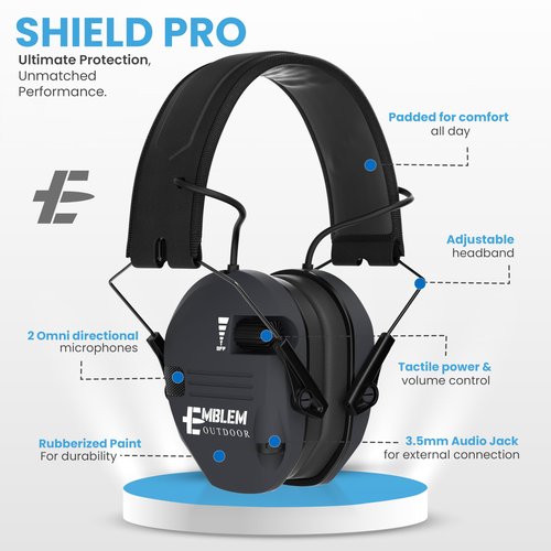 Emblem Outdoor Shield Pro Electronic Shooting Ear Protection for Gun Range | NRR 23dB | 4X Sound Amplification. Adult and Kid Hearing Protection Earmuffs for Noise Cancellation - Black