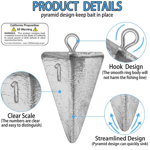 Fishing Weights Pyramid Sinkers Kit Bullet Fishing Weights Sinkers for Ocean Saltwater Surf Fishing - Essential Tackle Set in 1oz, 2oz, 3oz, 4oz Sizes