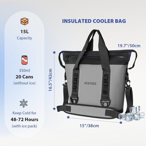 KEEFREE Tote Cooler 20 Can Insulated Soft Cooler Bag Waterproof Handbag Shoulder Bag for Lunch Drink Beverage Picnic BBQ Beach Hiking Fishing Camping Travel (Grey)