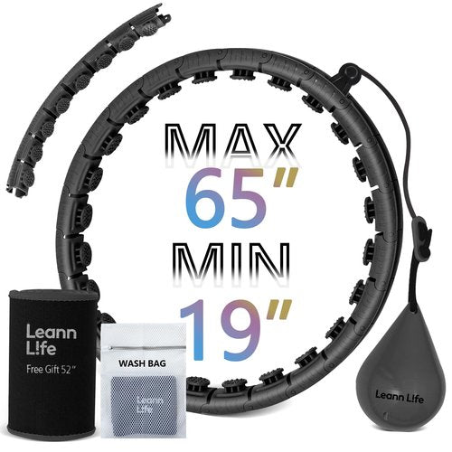 Leann L!fe 32 Knots 19”- 65”, Magnetic Lock Smart Weighted Hula Hoop for Kids & Adults Weight Loss, Infinity Hoop Plus Size, Fitness Exercise, Abdominal Toner, Black-Black Ball
