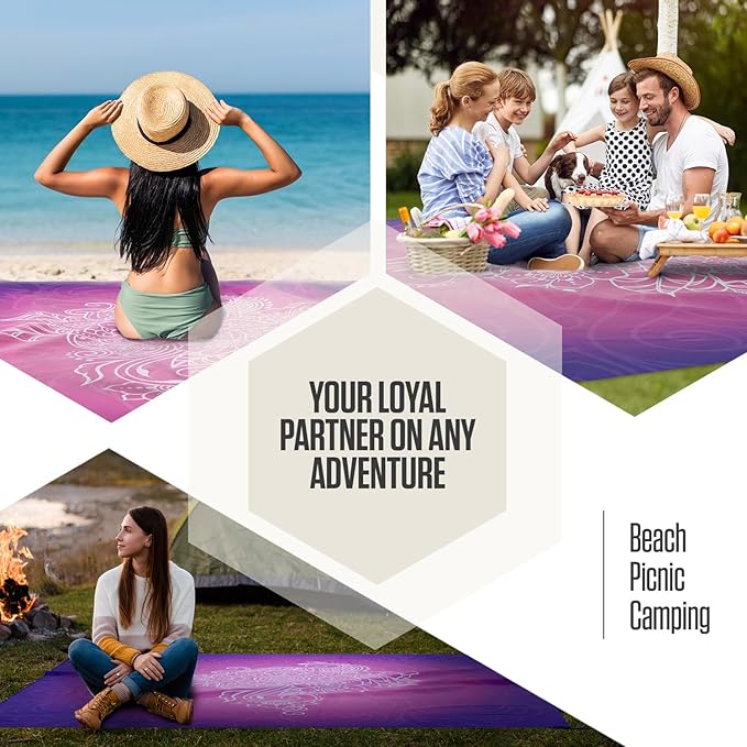 VENTURE 4TH Family-Size Beach Blanket: Sandproof, Waterproof, Lightweight & Compact. Includes Stakes and Carry Bag. 7x8 feet XL Purple Mandala