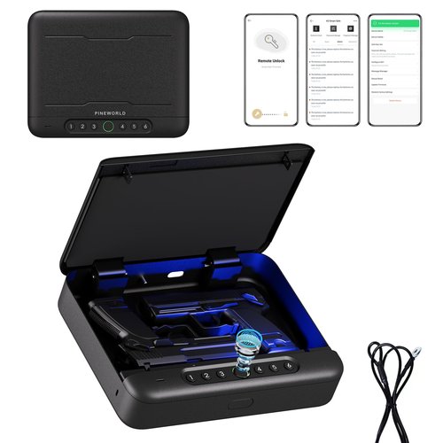 PINEWORLD Biometric Gun Safe For Handgun, 4 Quick-Access Unlock APP|Fingerprint|Passcode|Key with Voice Prompt,Pistol Locker For Nightstand/Office/Car, Remote Control