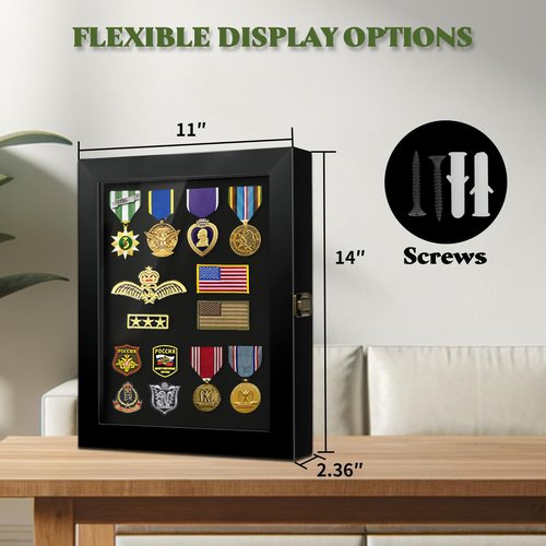 Pin Display Case, 11 x 14 Solid Wood Lapel Pin Display Box with HD Tempered Glass for Military Medal Badge Velcro Patch Board