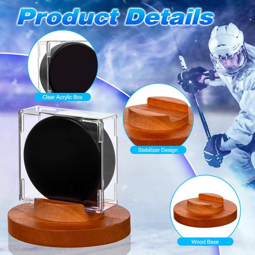 ULTRGEE Hockey Puck Display Case - Acrylic Box, Hockey Puck Holder with Wooden Base, Hockey Pucks Storage Stand for Collection Memorabilia (1 Pack, Square)