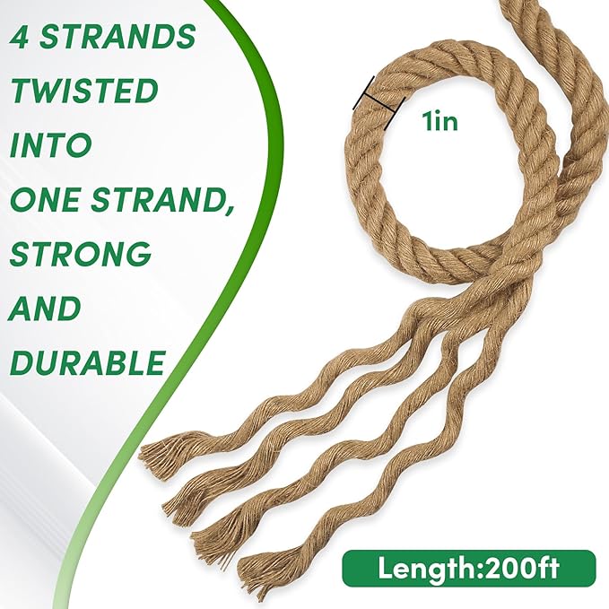 Manila Rope 1in x 200ft, Heavy Duty Twisted Rope Natural Hemp Ropes for Crafts,Gardening,Docks, Bundling,Railing,Home Decoratin,Hammock,Porch Swing Ropes