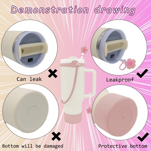 XIANGYUAN 6 Pcs Stanley Cup Accessories for Stanley Cup 40oz or 30oz,Includes Unique 10mm Flower Letter Straw Toppe,Water Bottle Handle Strap,Bottom Protector(Pink Flower)