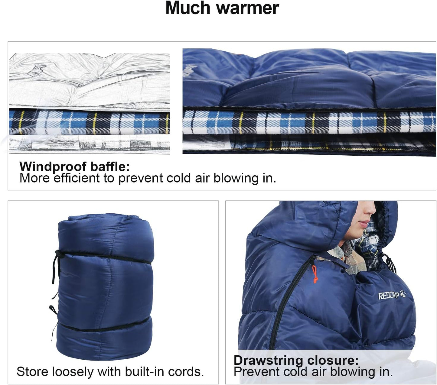 REDCAMP Flannel Sleeping Bag for Adults, Comfortable Cotton Sleeping Bags for Camping with Detachable Hood, Red/Grey/Blue