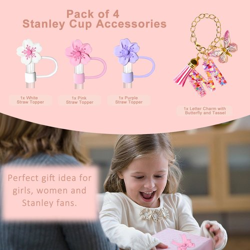 Compatible with Stanley Cup Accessories, Letter Charm and 3Pcs Silicone Straw Cover, 0.4" 10MM Straw Toppers for Stanley 30 40 oz Tumbler, Pink Initial Letter Charm with Butterfly and Tassel, Letter M