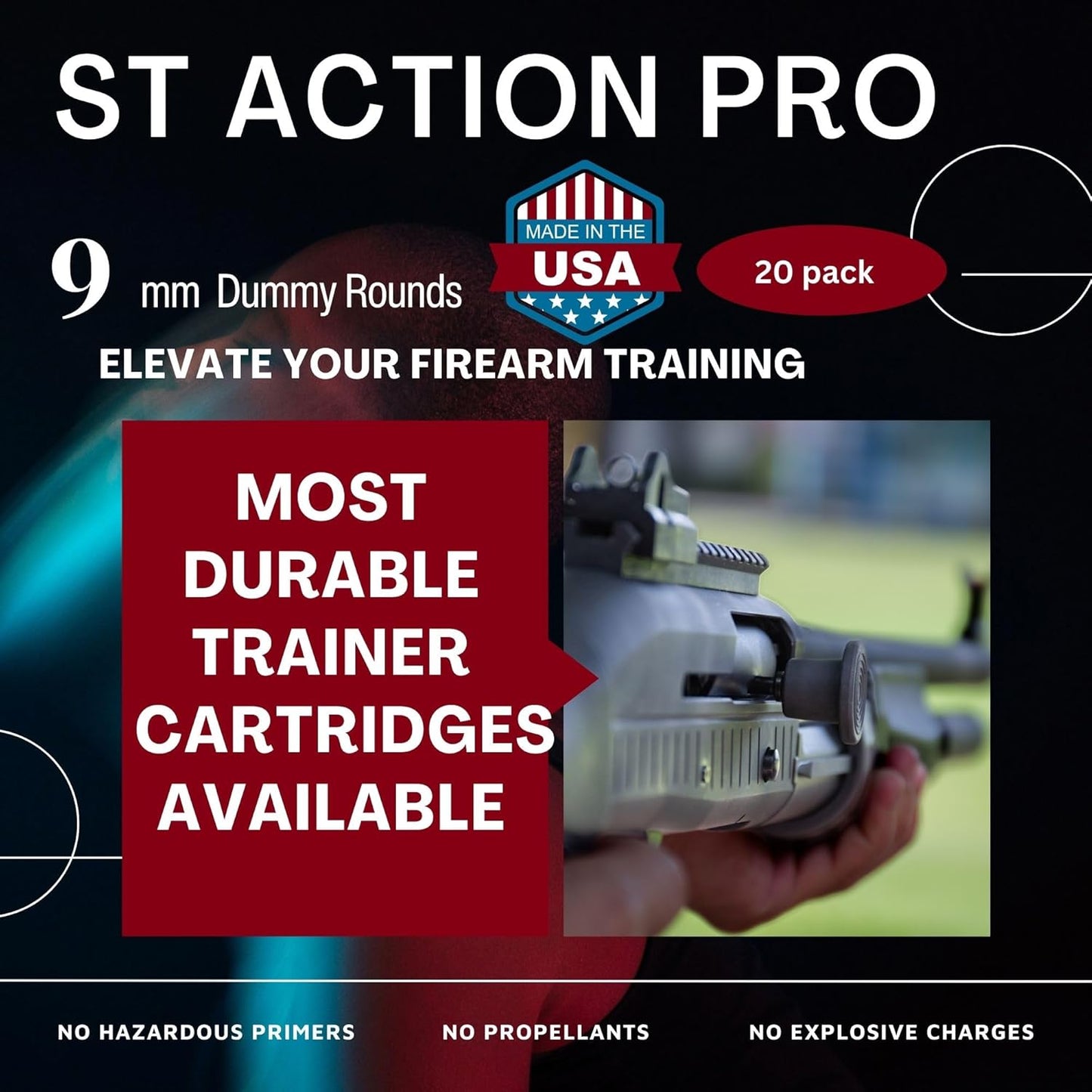 ST Action Pro 9mm Snap Caps – Yellow Safety Trainer Dummy Rounds, Reusable Dry Fire Training Ammunition (20-Pack) for Gun Owners