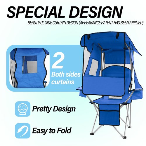 ptlsy Camping Chair with Shade Canopy for Adults, Quick Shade Canopy Folding Chair for Outdoor Sports with Cup Holder, Side Pocket for Camp, Beach, Tailgates, Fishing Support 330LBS (White & Blue)