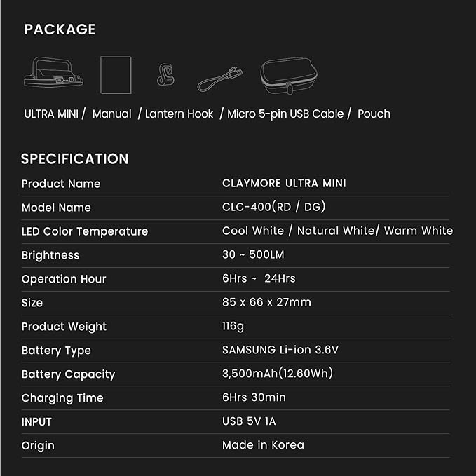 CLAYMORE Ultra Mini (Black) - Outdoor Rechargeable LED Light for Camping, Tent, Backpacking, Emergency and Industrial Use. Waterproof, Portable Lantern with USB-C, Up to 24 Hours Battery Life.